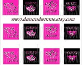 VALENTINE ZEBRA 3/4 inch square digital images for scrabble tiles, scrapbooking, tags  4X6 digital graphics collage sheet