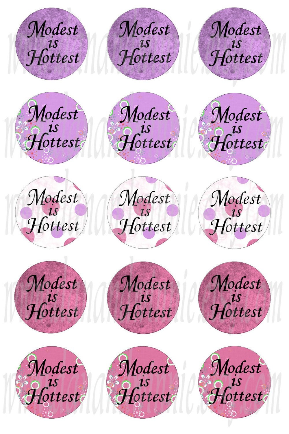 MODEST IS HOTTEST pink and lavendar 1 inch round images for bottle caps, scrapbooking, tags 4X6 digital graphics collage sheet