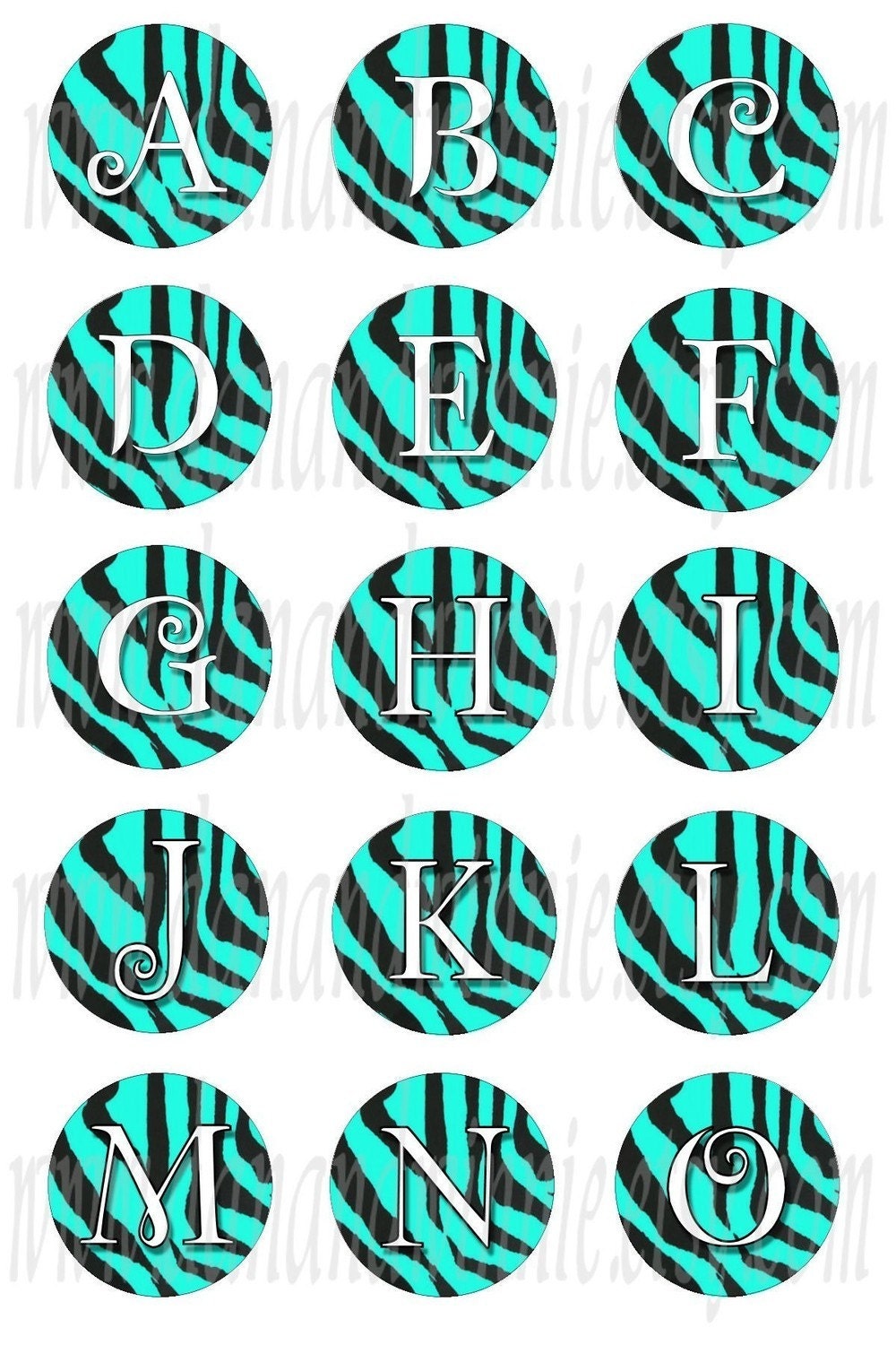 ZEBRA and TURQUOISE Alphabet 1 inch round circle digital images for bottle caps, scrapbooking, tags 4X6 digital graphics collage sheet