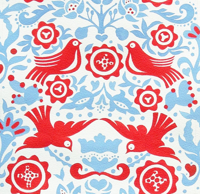 Folklorico La Paloma AH Fabric Aqua Blue and Red Birds Hearts Trees Flowers