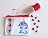 Zip Pouch Change Purse Country Cottage House in Blue Red and White