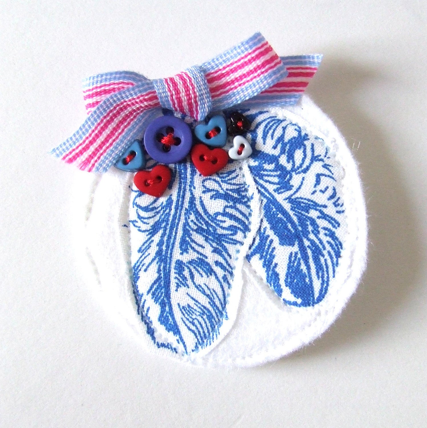 SALE SALE Kingfisher Brooch Blue Feathers and Heart Buttons Gocco Printed Cotton Brooch