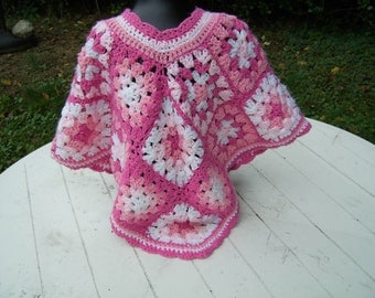 Crochet girls pink poncho in granny squares,vintage style