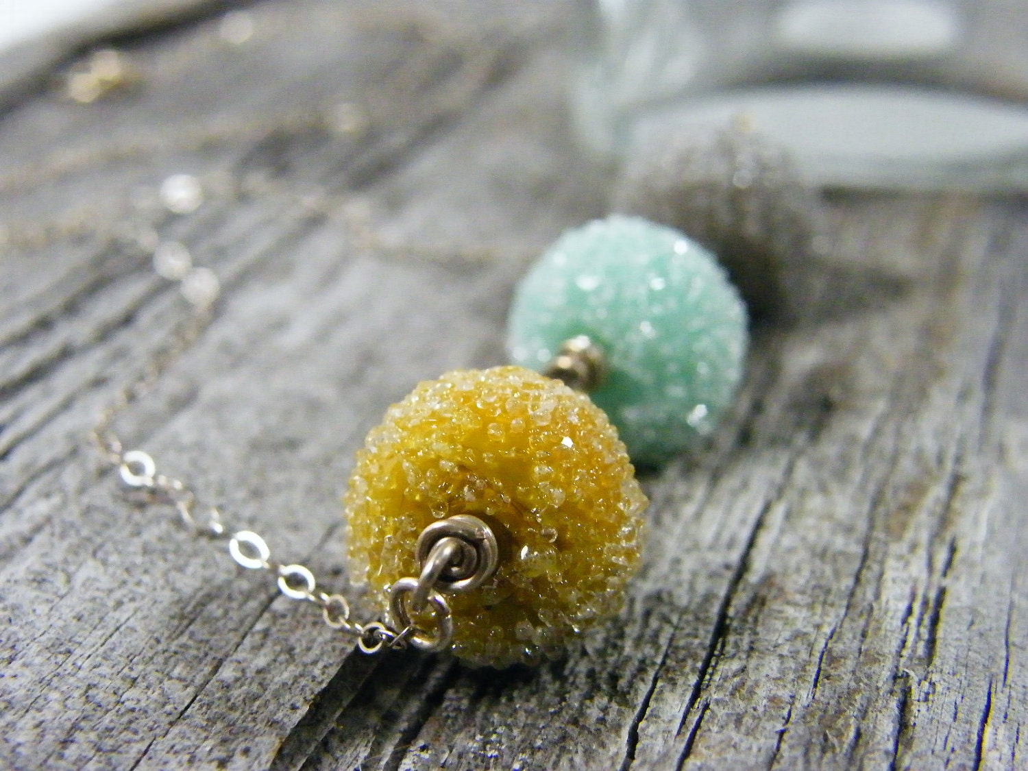 autumn fall color necklace mustard yellow, baby blue and dolphin gray