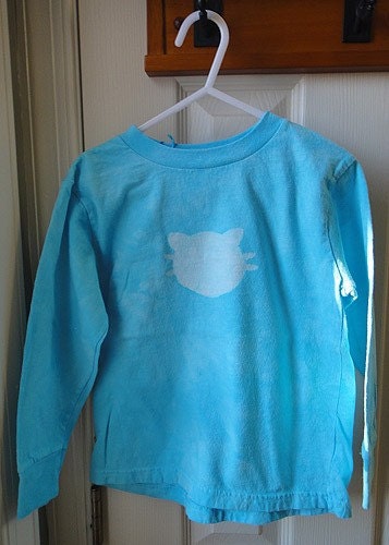 Toddler T-Shirt: Turquoise Blue with Batik Cat, Long Sleeves (5/6) READY TO SHIP