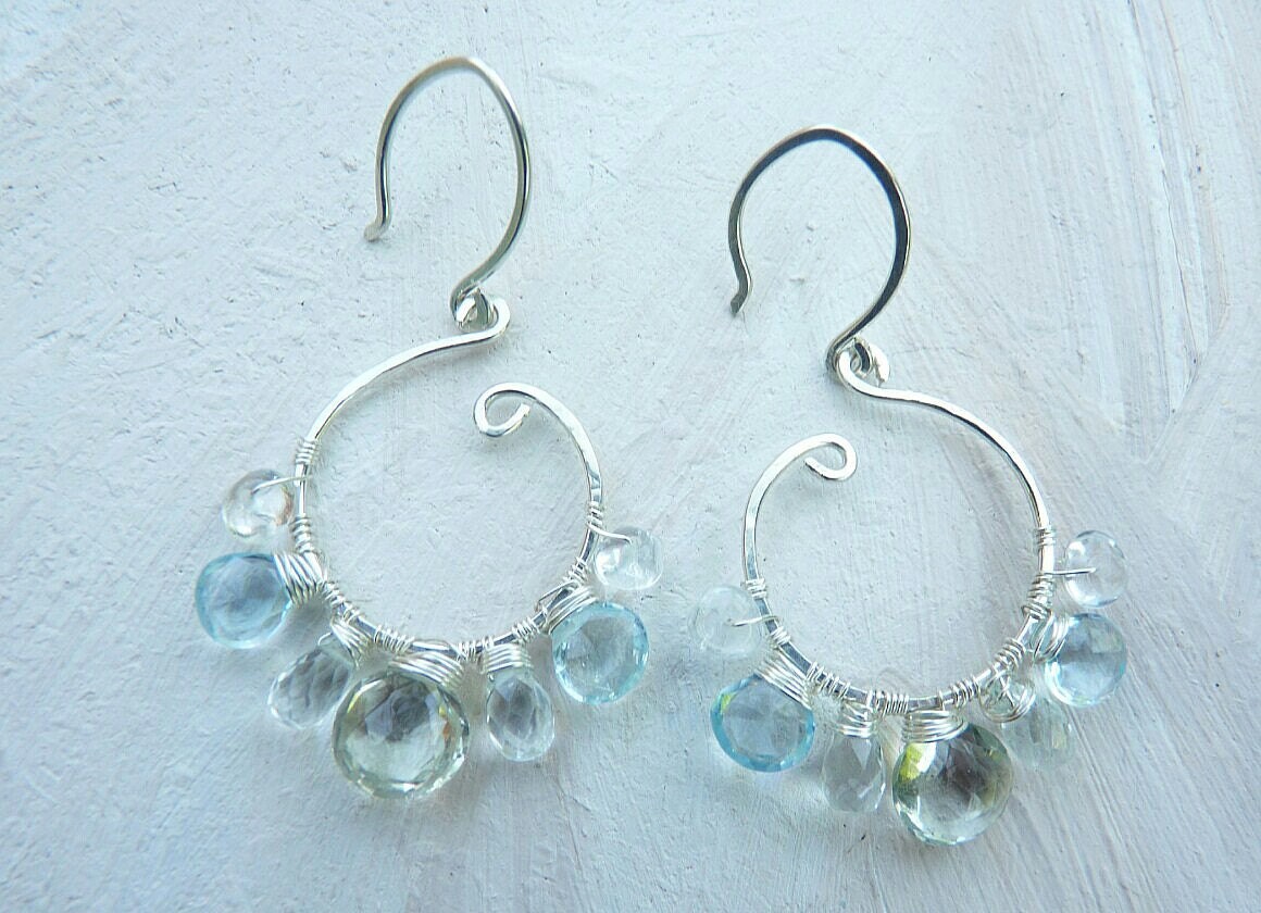 green amethyst, blue topaz and aquamarine earrings in sterling silver- wire wrapped - gemstone jewelry