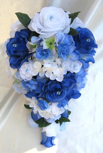 Wedding bouquet Bridal Silk flowers Cascade ROYAL BLUE WHITE Periwinkle Decorations Bridesmaids boutonnieres Corsages 17 pc package