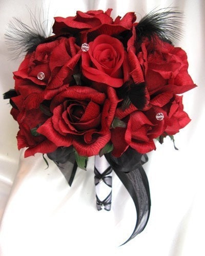 Wedding Flowers  Feathers on Wedding Bouquet Bridal Flowers Red   Black Feathers 17 Pc Package