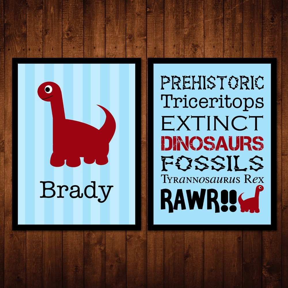 8x10 Red Dinosaur Wall Art Package - Set of 2 - custom name & subway prints