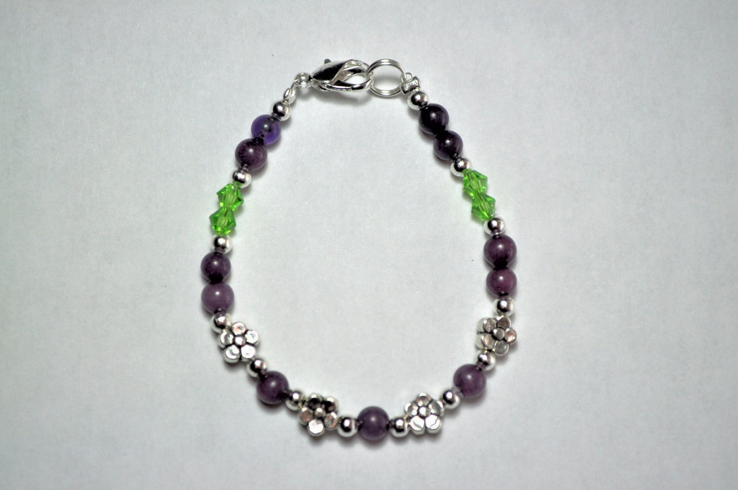 Purple Jade and Green Flower Bracelet