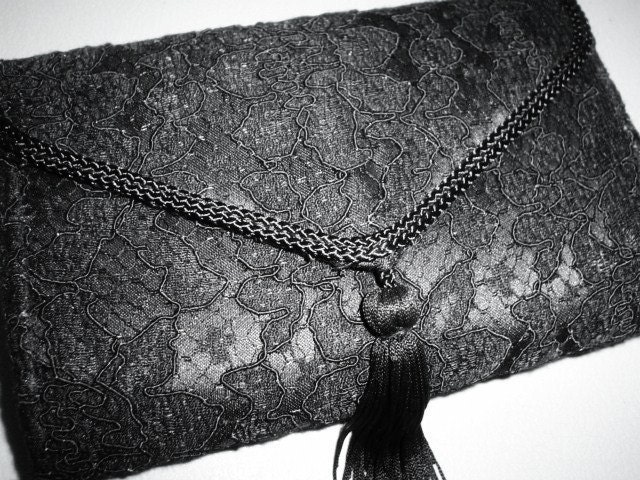 Vintage Clutch Bag, Purse Black Lace Tassel 1950s - with Brooch