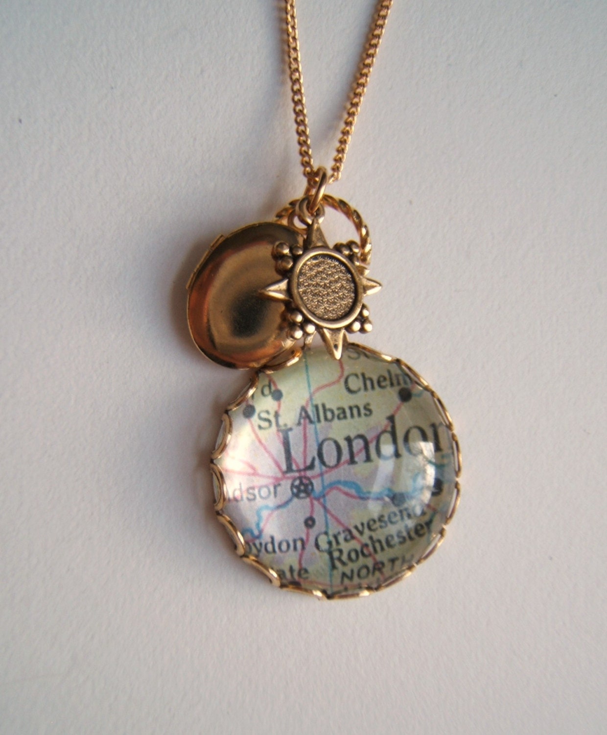 Map Necklace vintage Locket and compass charm by elisabeth phillips jewelry RESERVED for briecheese