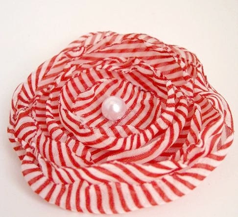Red and White Pin Stripe Flower Pin, Candy Stripe, Valentines Day Brooch, Classic and Retro