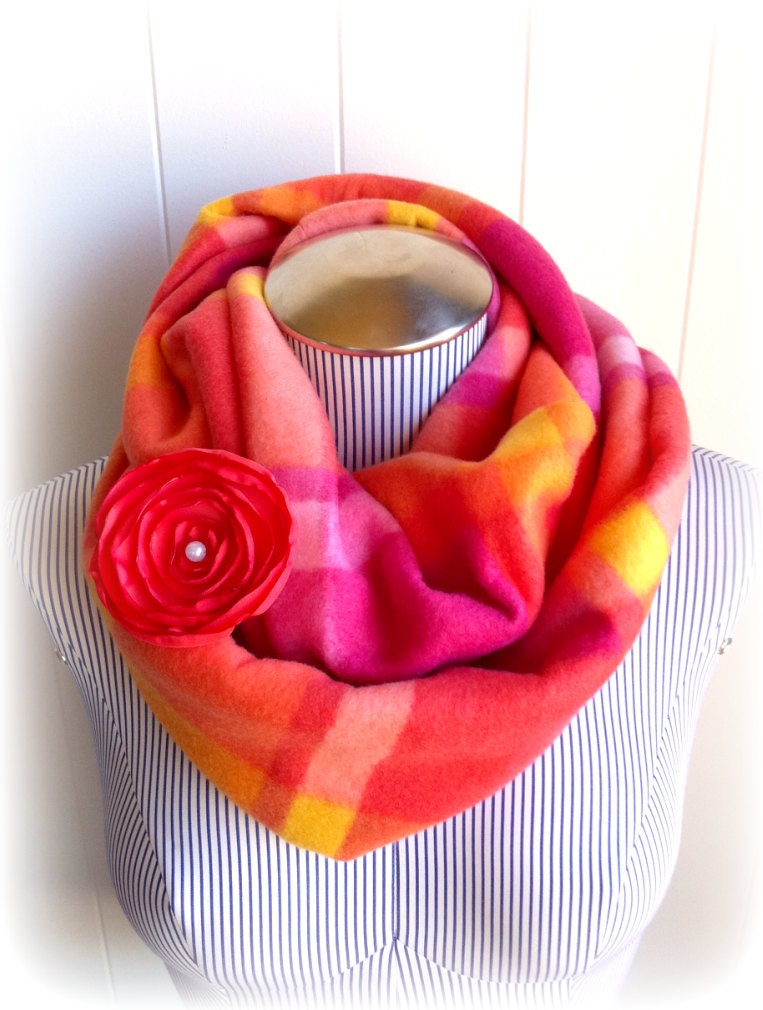 Sherbet Fleece Infinity Scarf and Salmon Pink Flower pin Gift Set