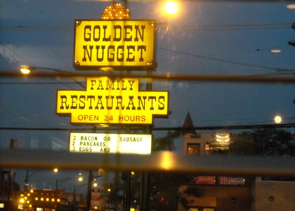 Chicago Photography, GOLDEN NUGGET, mid century vintage neon sign, breakfast, restaurant, diner, yellow, men, pancakes, bacon, 5x7