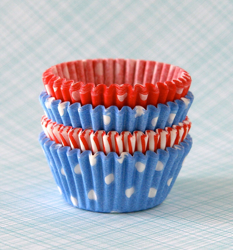 MINI Holiday Mix Cupcake Liners Baking Cups - Light Blue and Red - Polka Dot and Stripes (60) Il_570xn