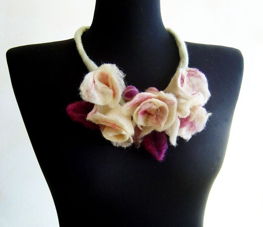 statement necklace, felt white roses fiber romantic necklace, bib necklace, eco friendly