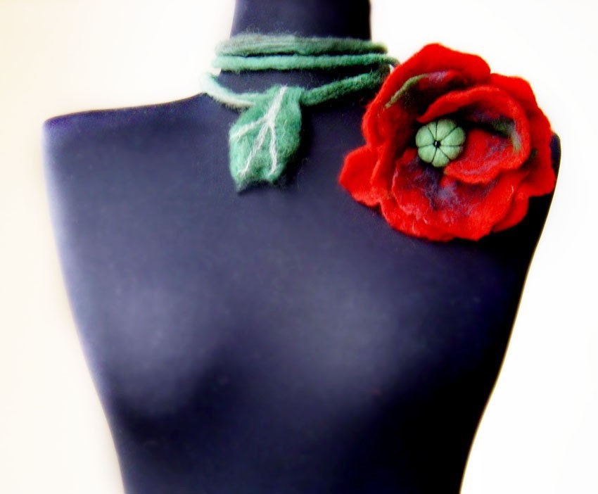felt poppy necklace, fiber red necklace lariat, statement necklace, lariat, eco friendly