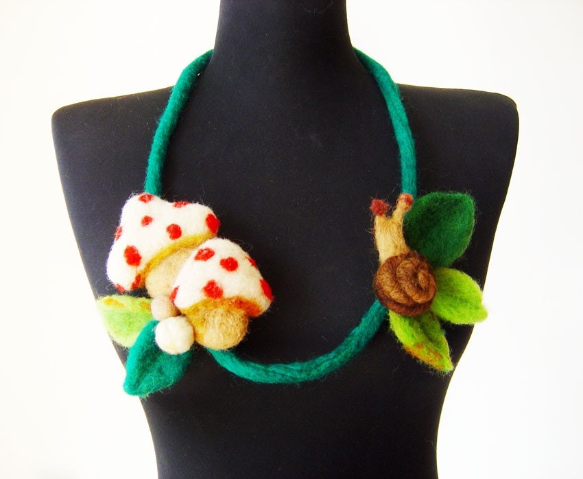 SALE felt mushrooms and a snail fiber artistic statement necklace