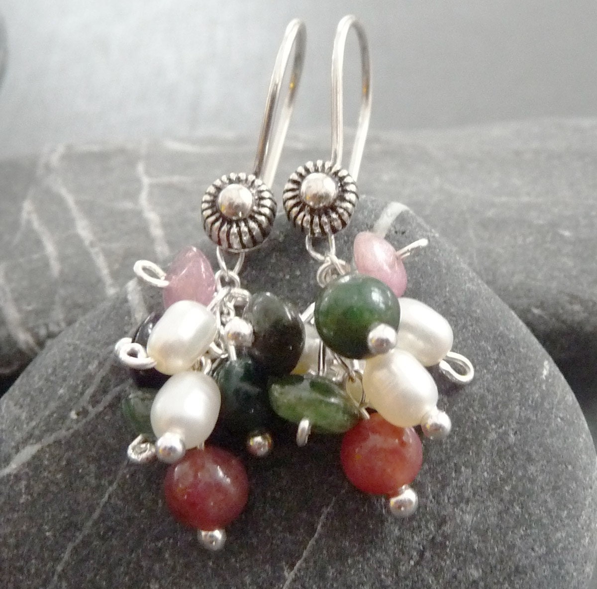 Gemstone and Pearl Cluster Sterling Silver Earrings