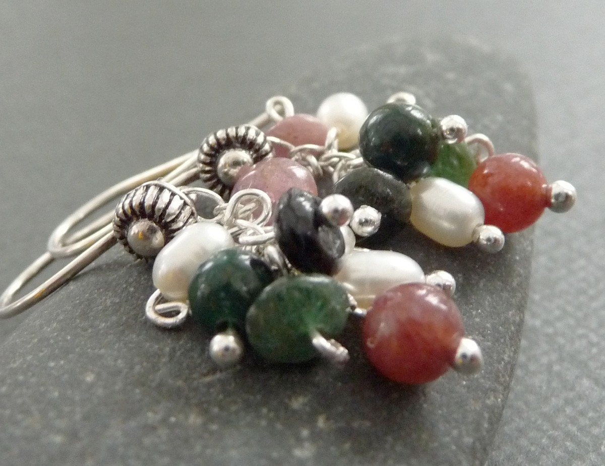Gemstone and Pearl Cluster Sterling Silver Earrings