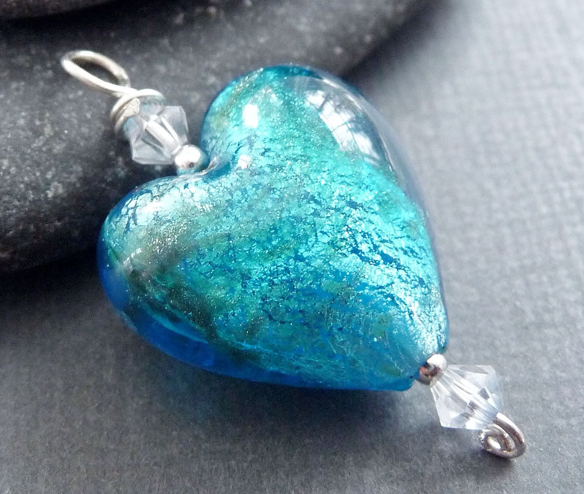 Foil Glass Sweet 16 Pendant Wire-Wrapped with Sterling Silver and Swarovski Crystal