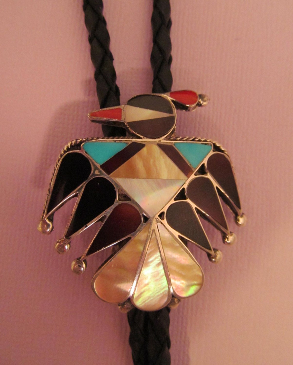 Vintage Zuni Bolo Tie Silver Inlay
