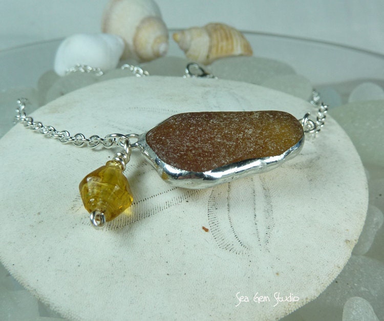 Sea Glass Necklace, Amber, sea glassjewelry, seaglass, beach glass, genuine sea glass