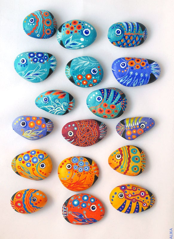 Painted rock stone art  turquoise fish magnet