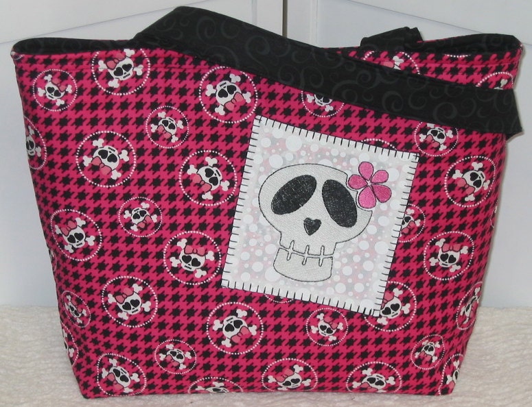 Skull Tote , Girly skull , Pink and Black Hounds Tooth check , Ready To Ship