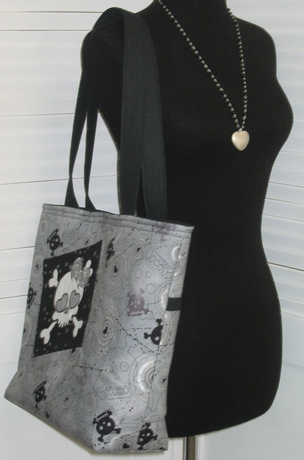 Funky Girl Skull Tote Black and Grey Large purse Ready to Ship