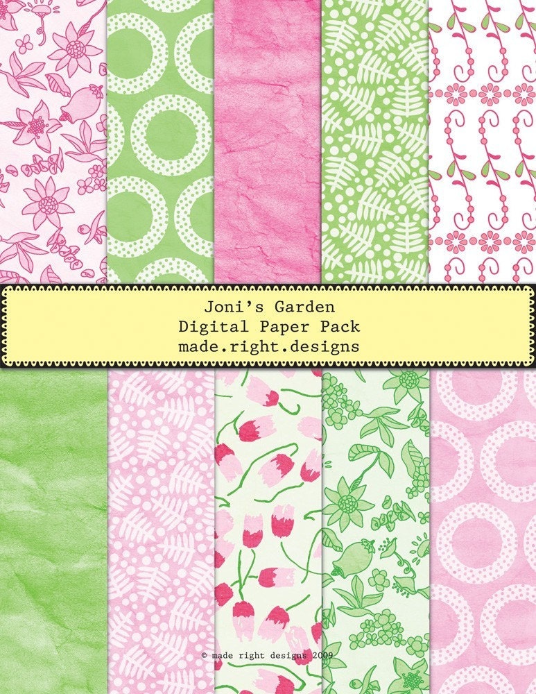 Digital paper pack - Shabby Chic Pink and Green - Joni's garden - scrabooking, card making and more