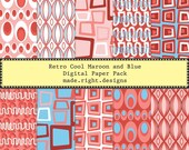 Digital Paper Pack - Retro Cool Maroon and Blue - Cards, Collage, Scrapbooking - PRINTABLE