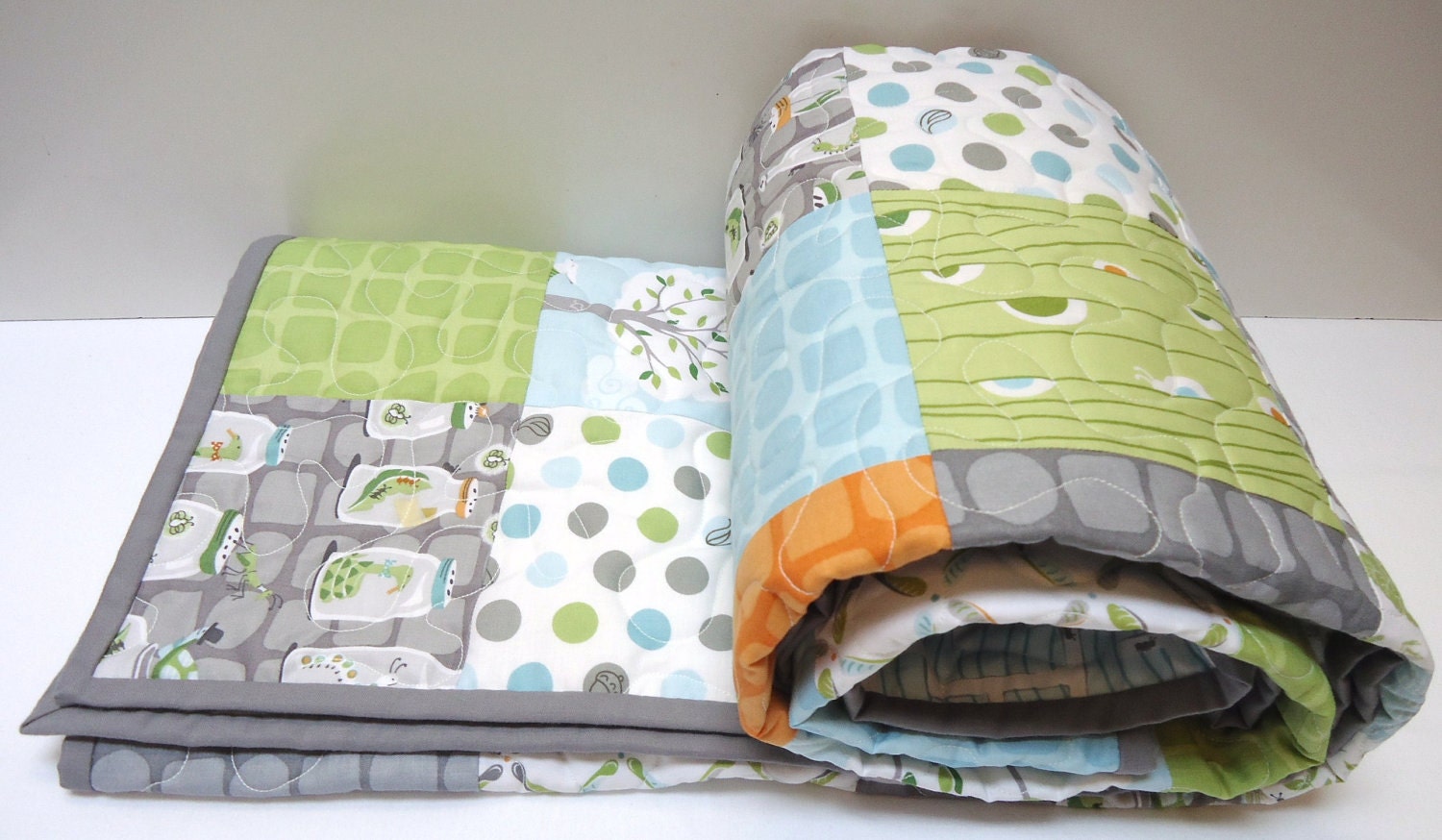 Backyard baby boy quilt, modern, Gray, Grey, Aqua, Orange Made to Order