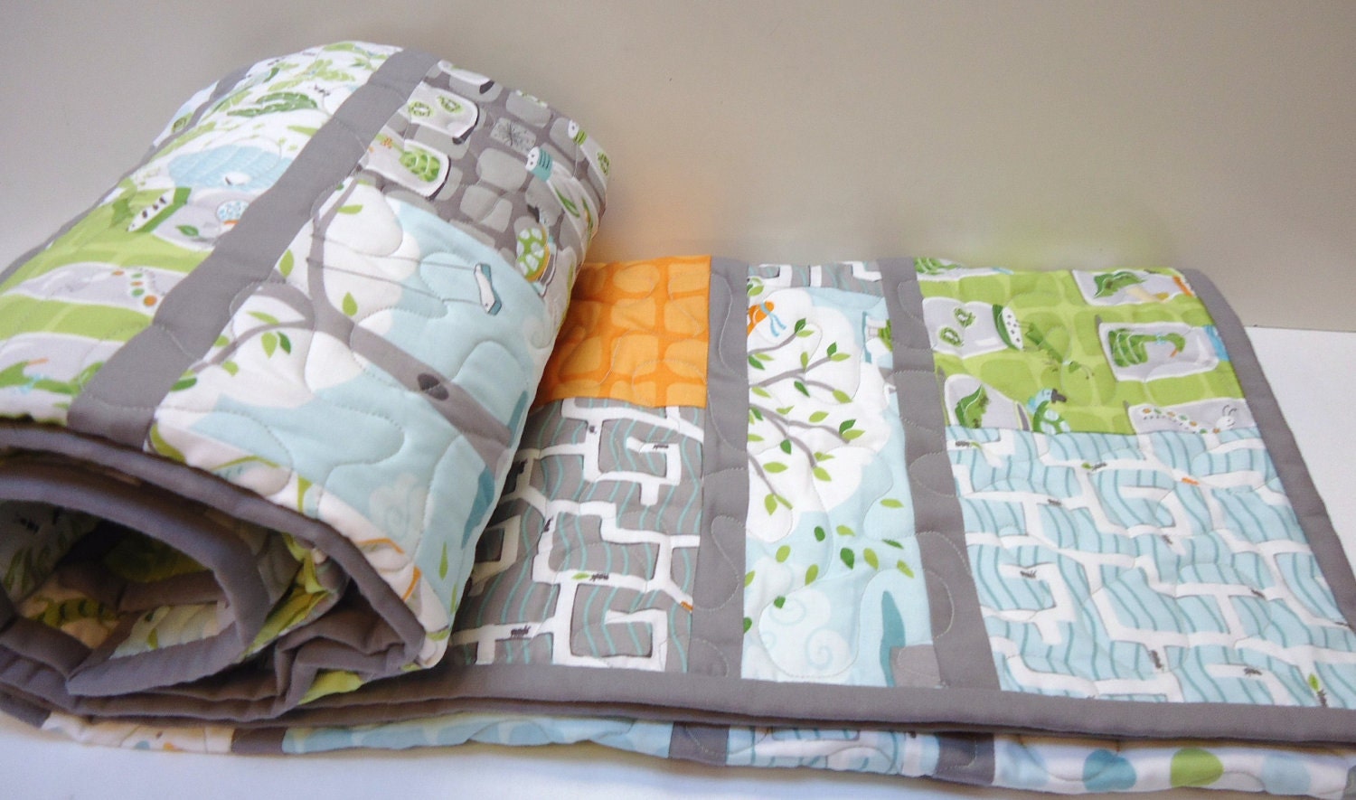 Baby Quilt, Modern Baby Boy Quilt - Backyard Baby - Gray Grey Aqua Orange Quilt-Made to Order