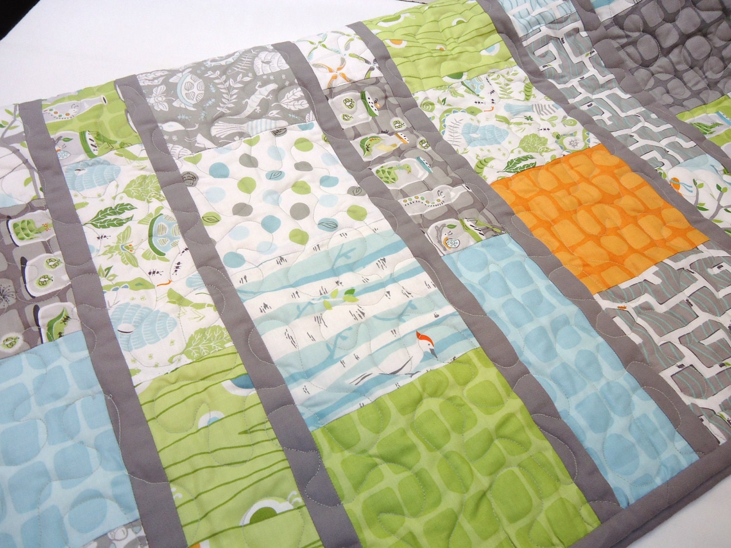 Baby Quilt, Modern Baby Boy Quilt - Backyard Baby - Gray Grey Aqua Orange Quilt-Made to Order