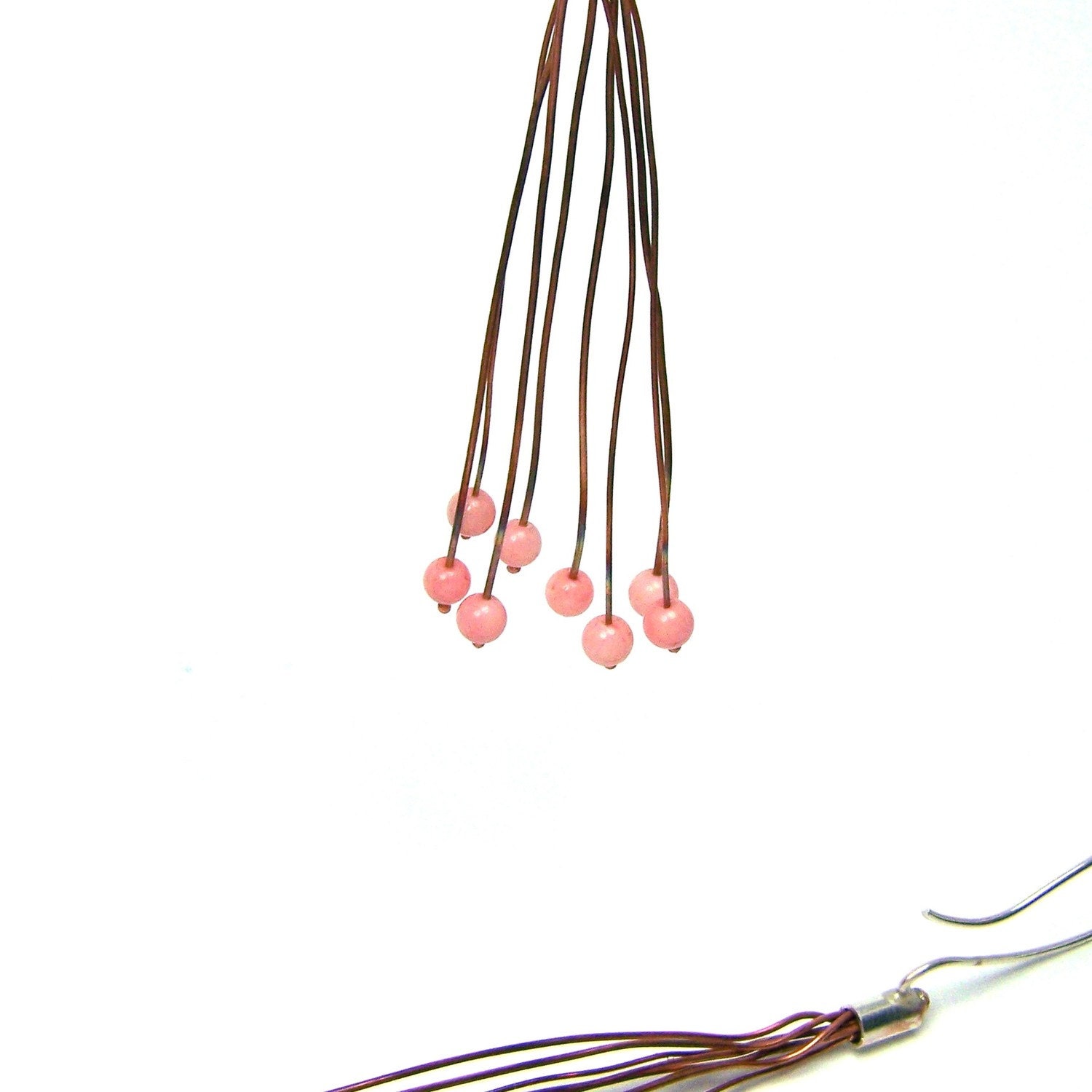 Long Silver Copper Pink Quartz Earrings - Fire Berries