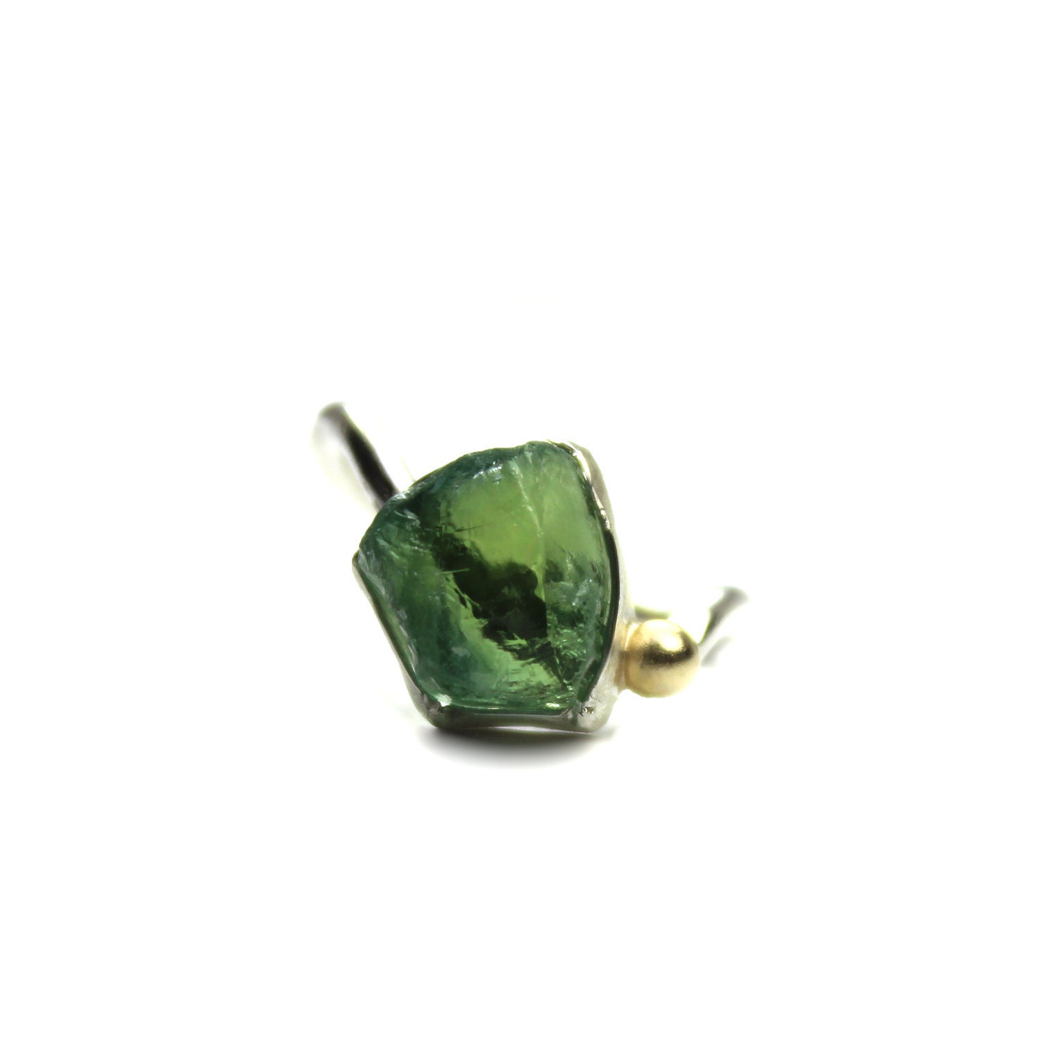 Raw Green Tourmaline Silver Gold Ring - Tourmaline Crest