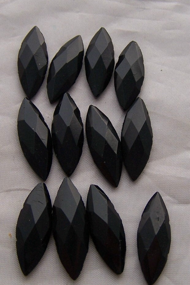 Victorian Jet Black glass nailhead bead lot Large 18 mm x 5mm Marquis faceted double drilled 2 hole