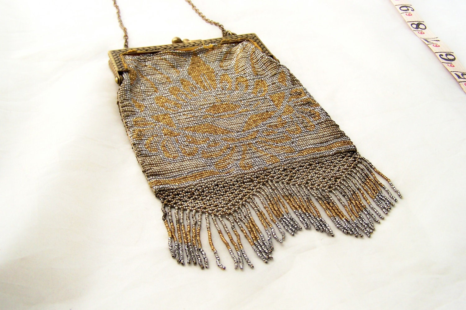 AMaZiNg Antique French Steel cut beaded handbag purse Perfect Fringe frame Metal seed beads Nice Patina