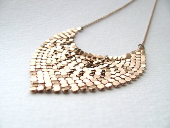 Gold sequin bib necklace, vintage inspired, sparkling mesh triangle pendant on 14k gold plate chain, statement necklace