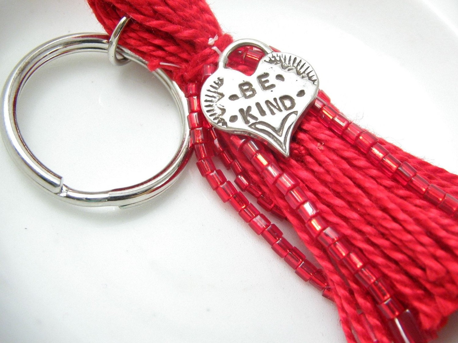 Red Beaded Tassel Keychain or Purse Charm: Hearts for You -- Be Kind