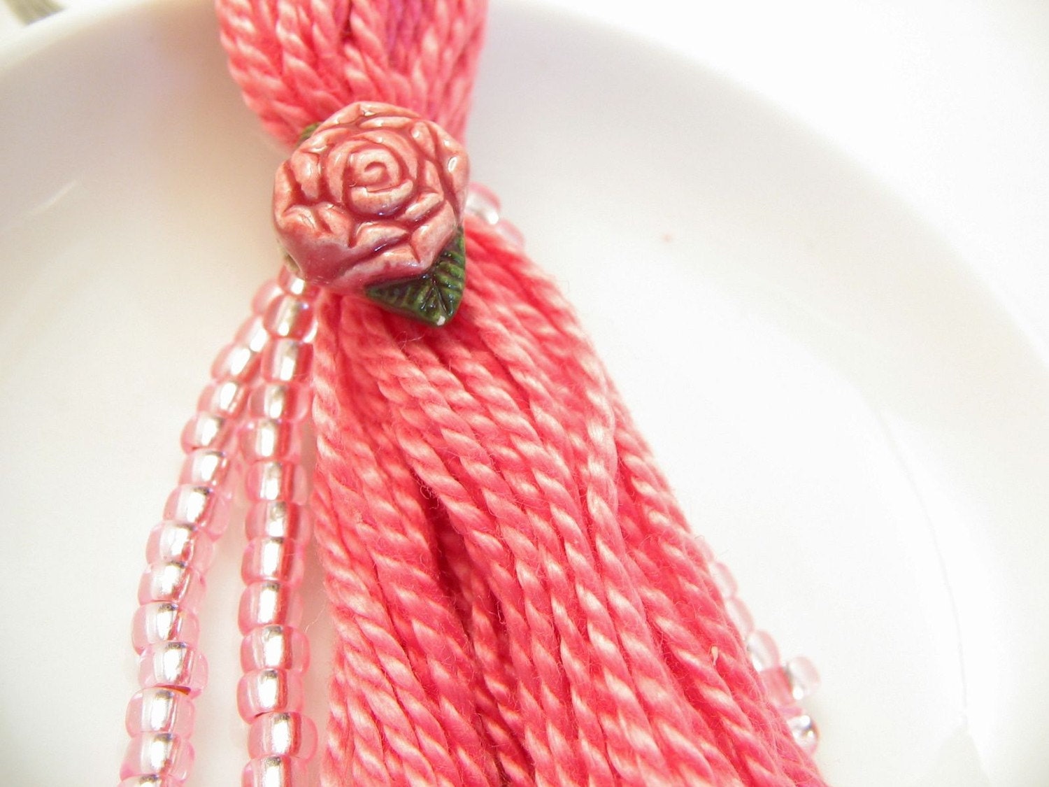 Pink Rose Keyring or Purse Charm Beaded Tassel