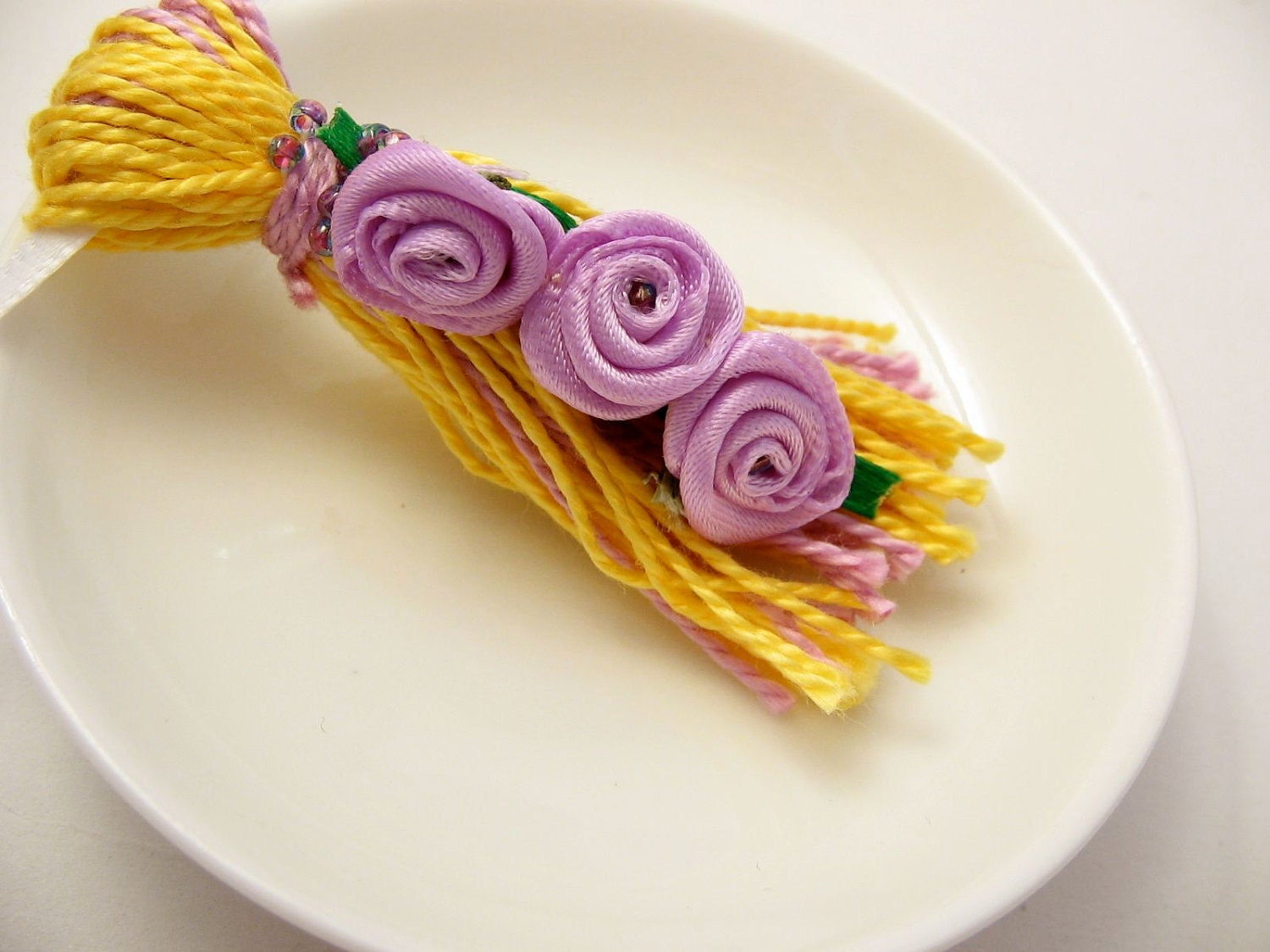 Purple Roses on Yellow and Purple Spring Easter Wedding Ornament Gift Decoration Tassel