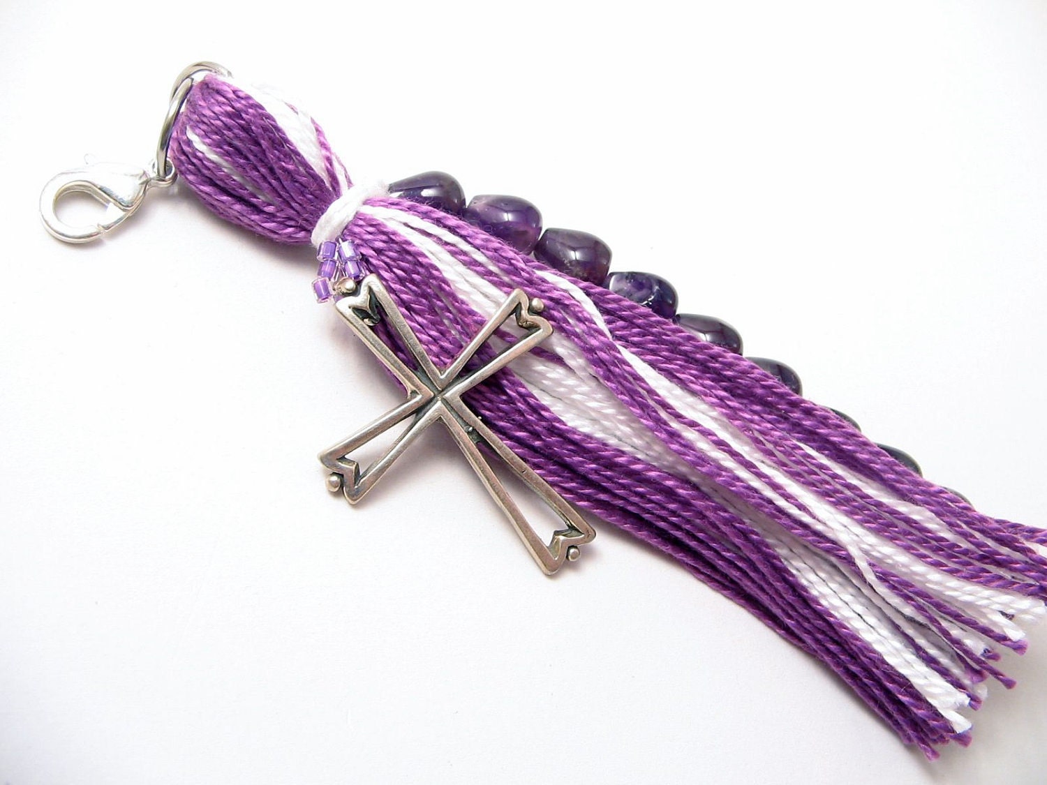 Purple and White Easter Beaded Purse Tassel or Charm with Sterling Silver Cross