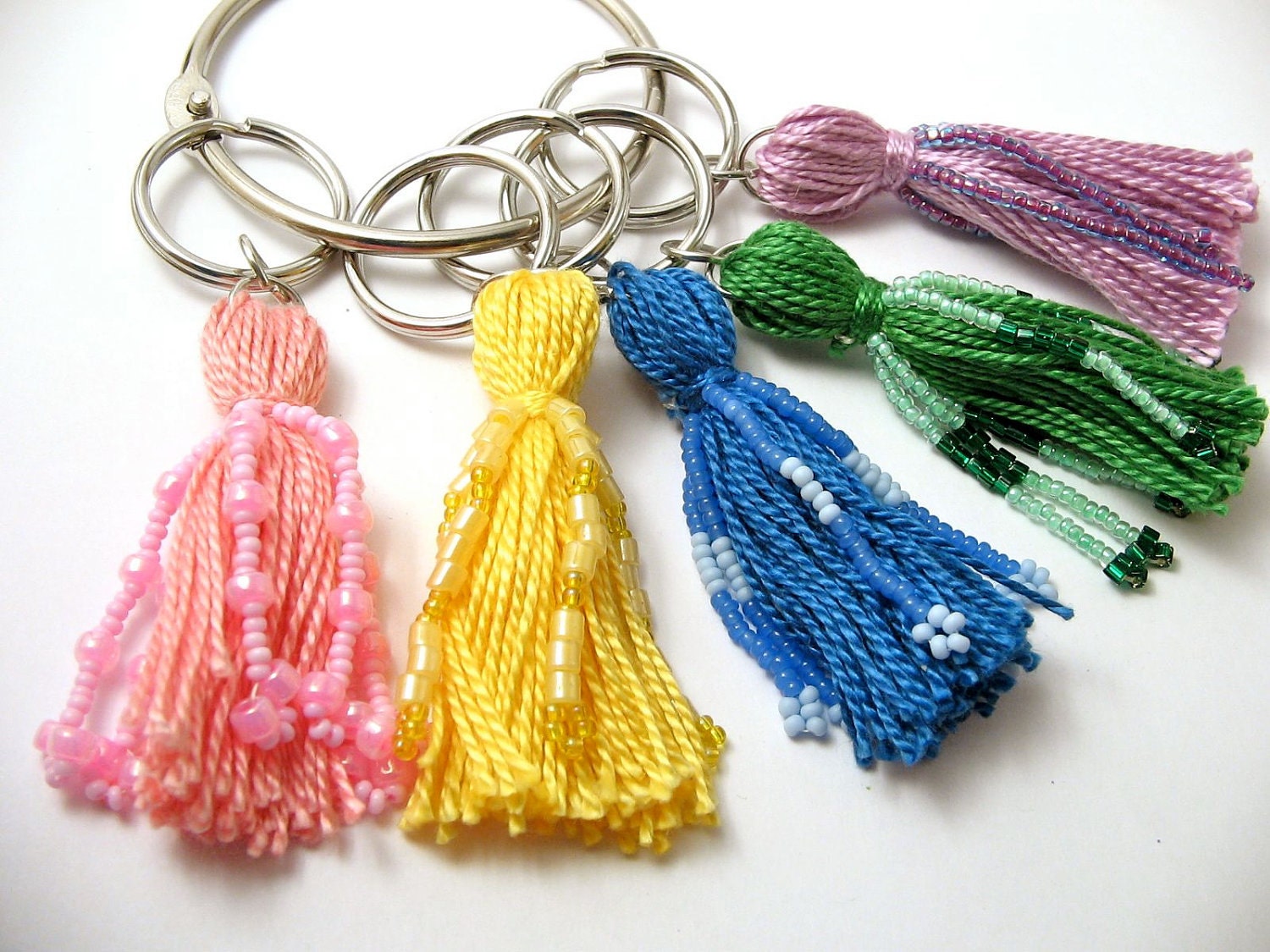 Pastel Rainbow Beaded Tassel Keychain Set