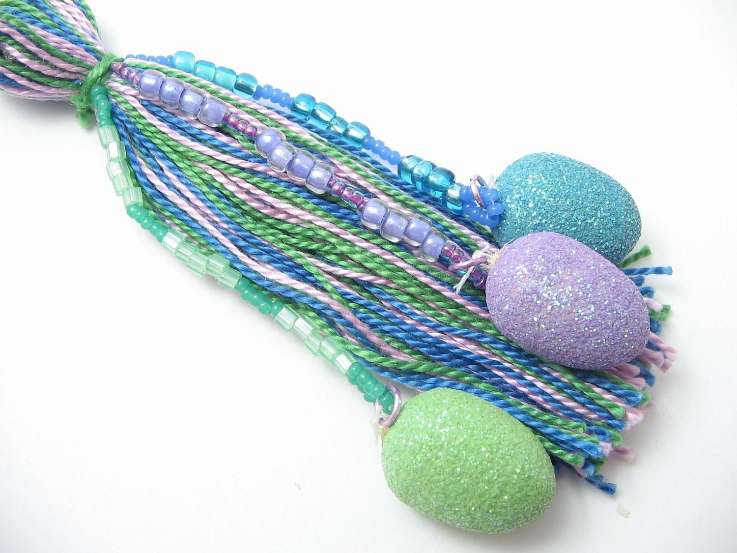 Blue, Purple, and Green Easter Egg Beaded Tassel Ornament Decoration