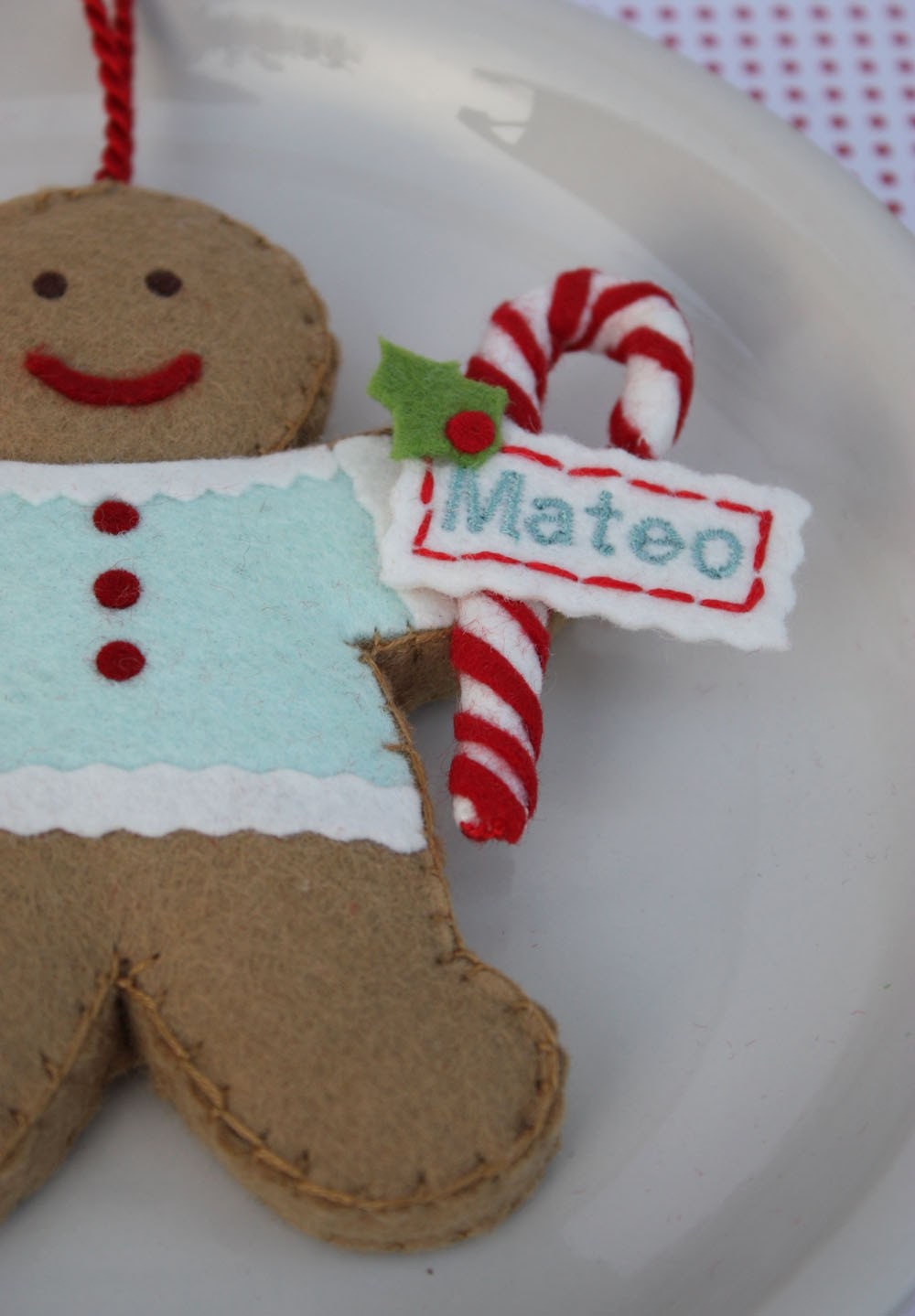 Personalized Felt Gingerbread Cookie Ornament Aqua And Red