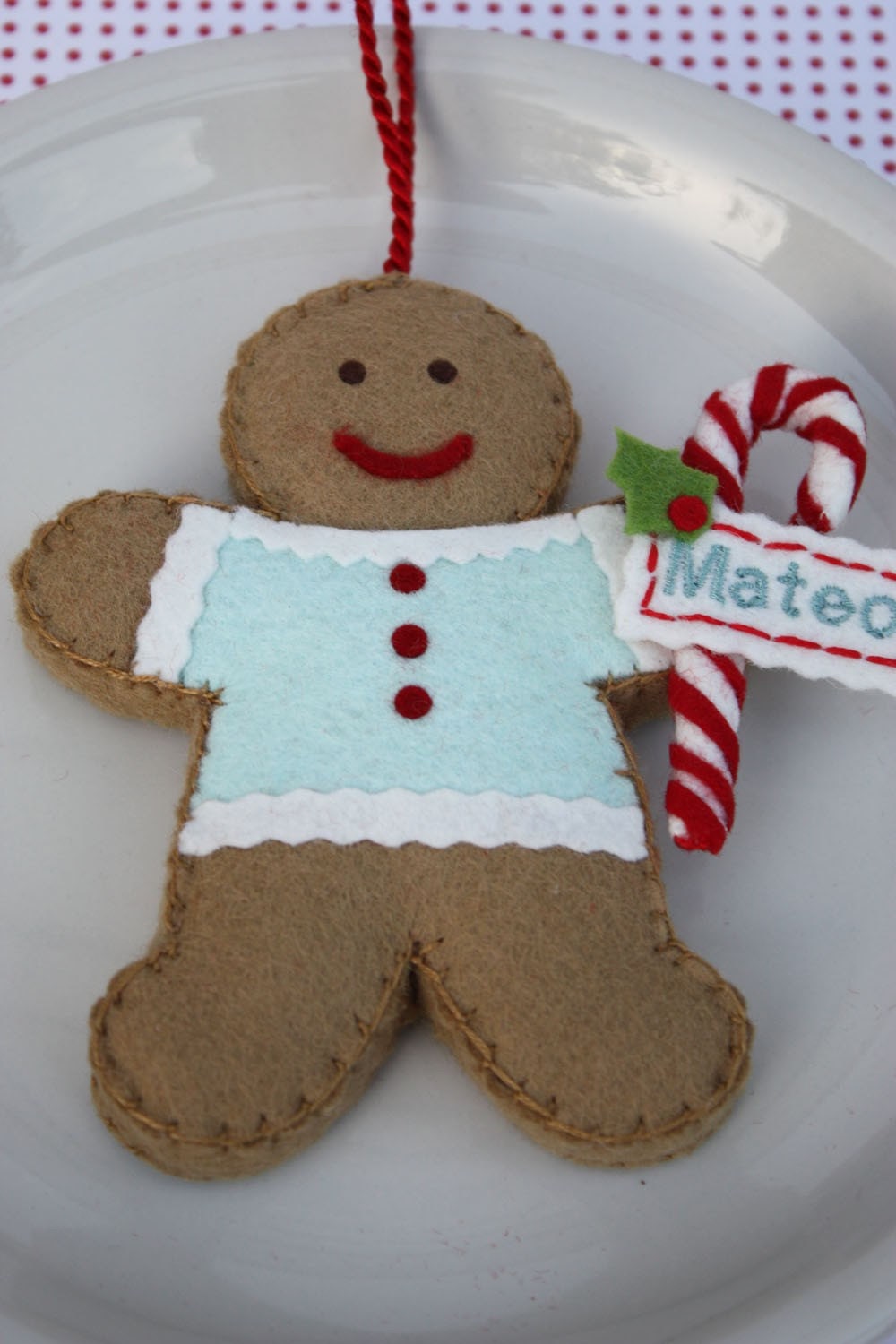 Personalized Felt Gingerbread Cookie Ornament Aqua And Red