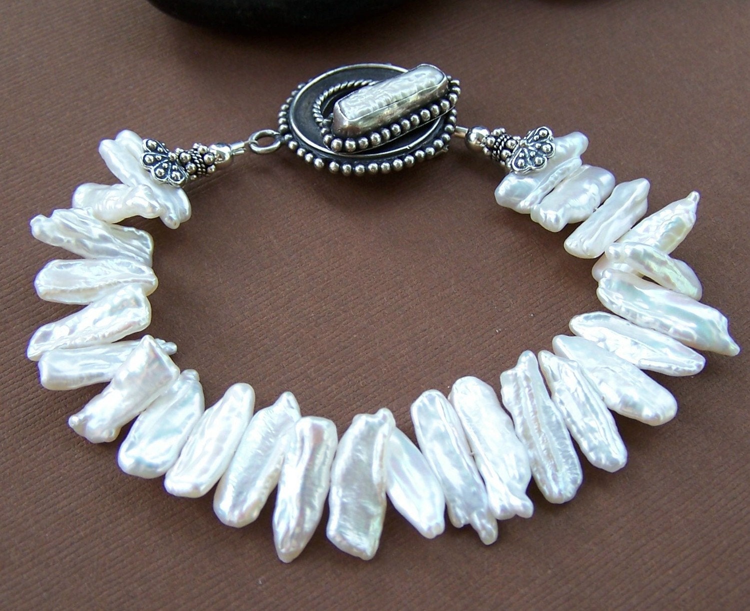 White Wedding Bracelet - Freshwater Biwa Stick Pearl and Sterling Silver